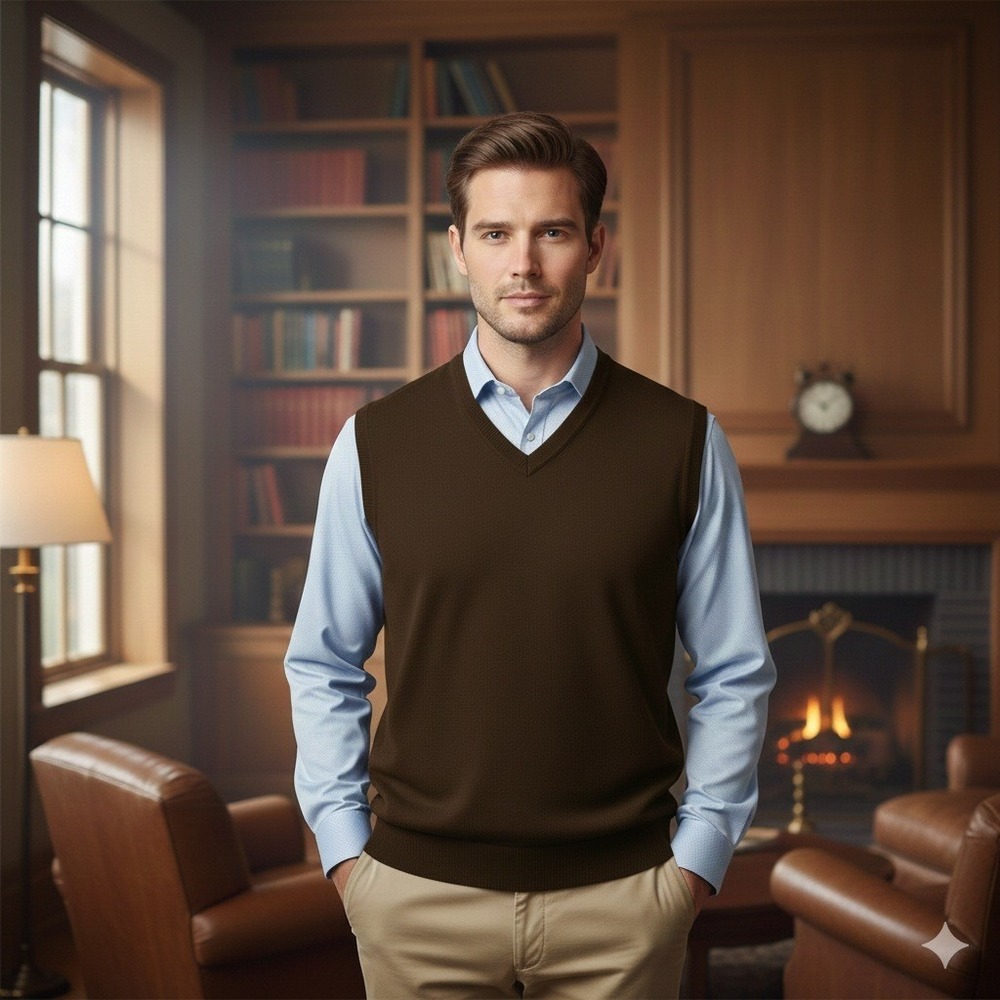 Murano Sweater Vest Men's M 100% Merino Wool Luxurious‎ Italian Yarn Golf Brown
